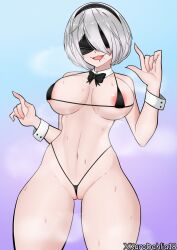 Rule 34 | 2b (nier:automata), arms up, belly, bikini, blindfold, bow, bowtie, breasts, cameltoe, cleft of venus, drooling, hair ornament, kurodahlia18, large breasts, nails, narrow waist, navel, nipple slip, nipples, open mouth, saliva, saliva trail, short hair, steam, steaming body, string bikini, sweat, sweatdrop, swimsuit, thick thighs, thighs, white hair, wide hips