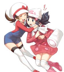 ! 2girls ^_^ absurdres bag beanie black_eyes black_hair blue_overalls blush boots bow brown_hair cabbie_hat closed_eyes coat commentary creatures_(company) dawn_(pokemon) english_commentary game_freak gummy_(puffaluficus) hair_ornament hairclip hands_on_another&#039;s_shoulders hat hat_bow hat_ribbon highres holding_strap long_hair lyra_(pokemon) multiple_girls nintendo open_mouth over-kneehighs overalls pink_coat pink_footwear pokemon pokemon_dppt pokemon_hgss pokemon_platinum red_shirt ribbon scarf shirt simple_background teeth thighhighs upper_teeth_only white_background white_bag white_hat white_scarf white_thighhighs
