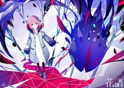 Rule 34 | 1girl, abstract background, boots, braid, character name, commentary request, fish, full body, hood, hood down, hooded jacket, jacket, kaf (kamitsubaki studio), kamitsubaki studio, long sleeves, looking at viewer, medium hair, multicolored eyes, official art, palow, pink hair, signature, twin braids, virtual youtuber, yellow pupils