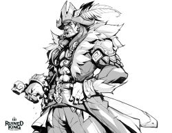 Rule 34 | 1boy, abs, character request, closed mouth, copyright name, cowboy shot, facial hair, fur trim, greyscale, hat, hat feather, hicham habchi, highres, league of legends, long hair, long sleeves, monochrome, muscular, muscular male, official art, pants, pirate hat, ruined king: a league of legends story, scar, scar across eye, scar on face, smile, solo, stubble, weapon, white background