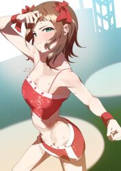 1girl amami_haruka arm_up bare_shoulders blush breasts brown_hair closed_mouth collarbone commission cool_&amp;_sexy_(idolmaster) crop_top green_eyes hair_ribbon idolmaster idolmaster_(classic) idolmaster_1 looking_at_viewer medium_breasts midriff miniskirt navel red_ribbon red_sequin_(idolmaster) red_skirt ribbon short_hair skeb_commission skirt solo spotlight stage sweat uouokuma wristband