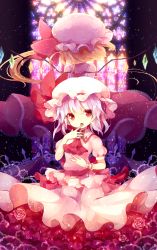 Rule 34 | 2girls, ascot, back-to-back, bat wings, blonde hair, blue hair, dress, finger to mouth, flandre scarlet, frilled dress, frills, fuiyu (feuille0818), gradient background, hat, hat ribbon, highres, layered dress, light purple hair, looking at viewer, mob cap, multiple girls, open mouth, pink dress, puffy sleeves, quatrefoil, red eyes, remilia scarlet, ribbon, rose (symbol), sash, short hair, short sleeves, side ponytail, stained glass, tongue, touhou, trefoil, wings, wrist cuffs