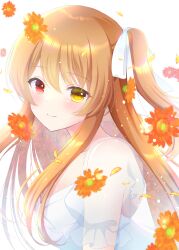 Rule 34 | 1girl, absurdres, assault lily, blurry, blush, breasts, brown hair, closed mouth, commentary, depth of field, falling petals, flower, frilled sleeves, frills, from side, hair between eyes, hair ribbon, heterochromia, highres, kuo shenlin, light particles, light smile, long hair, looking at viewer, looking to the side, medium breasts, mizuha (dreamchild 0504), one side up, orange flower, petals, puffy short sleeves, puffy sleeves, red eyes, red flower, ribbon, see-through, see-through sleeves, shirt, short sleeves, sidelocks, simple background, solo, upper body, white background, white ribbon, white shirt, yellow eyes