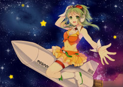 Rule 34 | 1girl, bad id, bad pixiv id, breasts, goggles, goggles on head, green hair, green theme, gumi, headphones, himaya, outstretched arms, riding, rocket, short hair with long locks, sky, smile, space, star (sky), starry sky, vocaloid