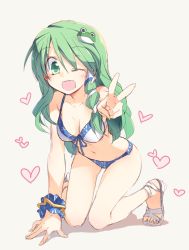 Rule 34 | 1girl, alternate costume, arm support, bare shoulders, bikini, breasts, cleavage, frog hair ornament, front-tie top, green eyes, green hair, hair ornament, heart, kochiya sanae, long hair, looking at viewer, matching hair/eyes, navel, one eye closed, open mouth, sandals, satou kibi, simple background, sketch, smile, snake hair ornament, solo, swimsuit, touhou, v, wink