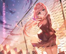Rule 34 | 1girl, aile (crossroads), arms behind back, backlighting, bad id, bad twitter id, blush, building, cityscape, fence, floating hair, green eyes, head tilt, long hair, long sleeves, looking at viewer, megurine luka, necktie, parted lips, pink hair, pleated skirt, red necktie, school uniform, skirt, sky, skyscraper, solo, standing, star (sky), starry sky, sunlight, sunset, translated, vocaloid, wind