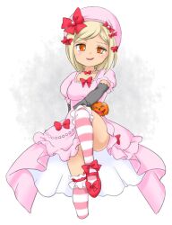 Rule 34 | 1girl, black gloves, blonde hair, bow, breasts, dress, elbow gloves, gloves, hat, jack-o&#039;-lantern ornament, jewelry, lambdadelta, looking at viewer, medium breasts, nonamejd, open mouth, orange eyes, over-kneehighs, pink dress, pink hat, puffy short sleeves, puffy sleeves, red bow, short hair, short sleeves, smile, solo, striped clothes, striped thighhighs, thighhighs, umineko no naku koro ni, uneven eyes
