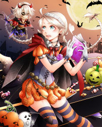 Rule 34 | bat (animal), blue eyes, book, braid, candy, ebi puri (ebi-ebi), fire emblem, fire emblem fates, fire emblem heroes, food, ghost, halloween, holding, holding book, jack-o&#039;-lantern, moon, night, night sky, niles (fire emblem), nina (fire emblem), nintendo, pumpkin, sky, striped clothes, striped legwear, striped thighhighs, thighhighs, twintails, vampire costume, white hair