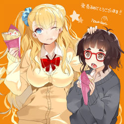 Rule 34 | 10s, 2girls, ;q, asymmetrical hair, black hair, blue eyes, breasts, cardigan, cream, cream on face, crepe, flat chest, food, food on face, galko, glasses, hair bun, hand on another&#039;s head, height difference, large breasts, long hair, long sleeves, multiple girls, nauribon, one eye closed, one side up, open mouth, oshiete! galko-chan, otako (galko), red-framed eyewear, school uniform, scrunchie, short hair, side bun, single side bun, sleeves past wrists, sweater, tongue, tongue out