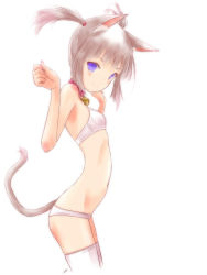 Rule 34 | 1girl, animal ears, bad id, bad pixiv id, bell, blush, bra, breasts, cat ears, cat tail, collar, highres, kowiru, looking at viewer, neck bell, original, panties, purple eyes, short hair, silver hair, skinny, slender, small breasts, smile, solo, standing, tail, thighhighs, twintails, underwear, underwear only