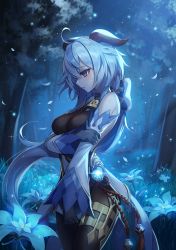 Rule 34 | absurdres, ahoge, arm under breasts, bare shoulders, bell, black gloves, black legwear, blue hair, bow, bowtie, breasts, chinese knot, cowboy shot, curled horns, detached sleeves, flower, ganyu (genshin impact), genshin impact, glaze lily, gloves, gold trim, highres, horns, long hair, looking to the side, medium breasts, moonlight, neck bell, night, outdoors, petals, prothymos, purple eyes, solo, standing, tassel, thighlet, tree, very long hair, vision (genshin impact), white sleeves
