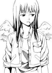 Rule 34 | 1girl, agahari, angel, angel wings, cigarette, closed mouth, commentary request, feathered wings, greyscale, haibane renmei, jacket, long hair, monochrome, reki (haibane), simple background, sleeves rolled up, solo, white background, wings