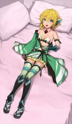 Rule 34 | 1girl, akatsuki kirika, bad id, bad pixiv id, bandeau, bare shoulders, bed, blonde hair, breasts, commentary request, detached collar, fingerless gloves, full body, gloves, green eyes, green gloves, hair ornament, highres, japanese clothes, kimono, kiva (audi2434), looking at viewer, lying, medium breasts, off shoulder, on back, open mouth, pillow, senki zesshou symphogear, short hair, short kimono, solo, striped clothes, striped thighhighs, teeth, thighhighs, vambraces
