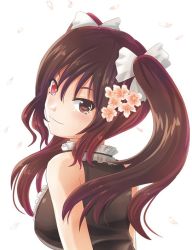 Rule 34 | 1girl, bare shoulders, brown eyes, brown hair, closed mouth, commentary request, flower, hair between eyes, hair flower, hair ornament, heterochromia, jewelry, kaogei moai, looking at viewer, moai (moai world), neo politan, pink eyes, rwby, smile, solo, white background