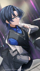 Rule 34 | 1girl, absurdres, androgynous, black sweater vest, blue eyes, blue hair, blue nails, blue shirt, chain, chain necklace, character name, collared shirt, grey jacket, hand in pocket, highres, hiodoshi ao, hololive, hololive dev is, jacket, jewelry, nail polish, necklace, opened by self, parted bangs, parted lips, profile, rogi shin, shirt, short hair, solo, striped clothes, striped jacket, sweater vest, vertical-striped clothes, vertical-striped jacket, virtual youtuber
