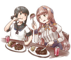 Rule 34 | 2girls, black eyes, black hair, black sailor collar, brown hair, can, coca-cola, commentary request, drink can, eating, epaulettes, food, fork, fubuki (kancolle), green eyes, headgear, helena (kancolle), kantai collection, karasu (naoshow357), long hair, long sleeves, low ponytail, meat, military, military uniform, multiple girls, ponytail, potato, sailor collar, school uniform, serafuku, short ponytail, sidelocks, simple background, soda can, steak, table, table knife, uniform, upper body, white background