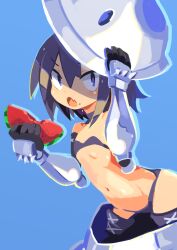 Rule 34 | 1girl, armor, armored gloves, bikini, black hair, blue background, blue eyes, commentary request, eating, flat chest, food, fruit, hantic888, highres, looking at viewer, mail (yuusha mushoku), micro bikini, navel, open mouth, short hair, simple background, solo, swimsuit, watermelon, yuusha mushoku