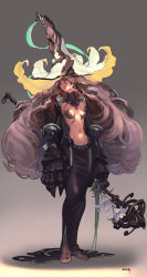 Rule 34 | 1girl, armor, barefoot, big hair, bikini armor, breasts, brown eyes, brown hair, clothing cutout, dre, dress, flower, gauntlets, gem, hair between eyes, hat, highres, holding, holding flower, holding staff, nishiki areku, original, pasties, revealing clothes, signature, small breasts, solo, sparkle, staff, standing, torso cutout, turtleneck, white flower, witch hat