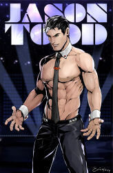 Rule 34 | 1boy, abs, artist name, bara, batman (series), black pants, character name, dc comics, detached collar, evinist, highres, jason todd, large pectorals, male focus, multicolored hair, muscular, muscular male, necktie, nipples, pants, pectorals, short hair, smile, solo, topless male, two-tone hair, white hair, wrist cuffs
