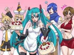 Rule 34 | 2boys, 3girls, apron, aqua hair, birthday, blush, breasts, cake, cleavage, food, food on face, glasses, green eyes, hatsune miku, ice cream, kagamine len, kagamine rin, kaito (vocaloid), large breasts, medium breasts, meiko (vocaloid), multiple boys, multiple girls, pastry, short hair, siblings, thighhighs, twins, twintails, vocaloid, zettai ryouiki