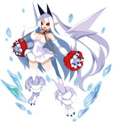 Rule 34 | 1girl, black sclera, breasts, claws, colored sclera, demon girl, demon horns, demon wings, disgaea, disgaea rpg, dress, fang, full body, highres, horns, ice, large breasts, long hair, non-web source, official art, open mouth, photoshop (medium), pointy ears, pram (phantom kingdom), red eyes, scrunchie, short dress, slit pupils, solo, transparent background, very long hair, white wings, wings, wrist scrunchie