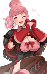 Rule 34 | 1girl, ;d, boots, breasts, cleavage, commentary request, cross-laced footwear, earrings, feet out of frame, female focus, fire emblem, fire emblem: three houses, fire emblem warriors, fire emblem warriors: three hopes, gloves, gonzarez, heart, heart hands, highres, hilda valentine goneril, hoop earrings, jewelry, lace-up boots, large breasts, long hair, looking at viewer, matching hair/eyes, nintendo, official alternate costume, one eye closed, open mouth, pink eyes, pink hair, ponytail, red gloves, simple background, smile, solo, thighhighs, thighs, white background, wink, zettai ryouiki
