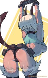Rule 34 | 1girl, animal ears, arched back, arms up, ass, belt, belt pouch, breasts, cat ears, cat tail, corrupted twitter file, dark-skinned female, dark skin, fingerless gloves, gloves, highres, large breasts, ms. fortune (skullgirls), pouch, scar, short hair, sideboob, simple background, skullgirls, solo, stretching, tail, underboob, wersman, white hair