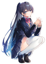 Rule 34 | 1girl, black hair, black jacket, blazer, blue eyes, bow, interlocked fingers, jacket, loafers, long hair, long sleeves, looking at viewer, nijisanji, own hands together, plaid, plaid skirt, pleated skirt, red bow, red neckwear, school uniform, shoes, skirt, solo, squatting, thighhighs, toosaka asagi, tsukino mito, tsukino mito (1st costume), uniform, virtual youtuber, white background, white thighhighs