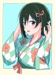 Rule 34 | 1girl, ajapar, blue background, border, checkered clothes, collarbone, commentary request, fang, floral print, flower knot, green hair, green kimono, hands up, highres, japanese clothes, kimono, long sleeves, looking at viewer, love live!, love live! nijigasaki high school idol club, mifune shioriko, obi, open mouth, outside border, red eyes, sash, short hair, sidelocks, skin fang, solo, upper body, white border, wide sleeves