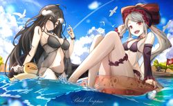 Rule 34 | 2girls, :d, absurdres, ahoge, albedo (overlord), animal, bare shoulders, bikini, bird, black bikini, black bow, blue sky, blush, boat, bow, breasts, brown hair, cleavage, cloud, demon girl, detached sleeves, eclair ecleir eicler, fang, fingernails, grey hair, hair bow, happy, highres, horns, humany, innertube, jewelry, knees up, large breasts, long hair, medium breasts, multiple girls, navel, ocean, open mouth, overlord (maruyama), penguin, ponytail, red bow, ring, rubber duck, see-through, shalltear bloodfallen, sharp fingernails, skull print, sky, smile, soaking feet, stomach, swim ring, swimsuit, wading, water, watercraft