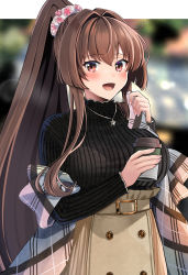 Rule 34 | 1girl, absurdres, belt, belt buckle, black sweater, blush, brown eyes, brown hair, buckle, coffee cup, cup, disposable cup, fingernails, hair between eyes, highres, holding, holding cup, kantai collection, long hair, long sleeves, nail polish, open mouth, pink nails, ponytail, skirt, smile, solo, sweater, very long hair, yamato (kancolle), yunamaro