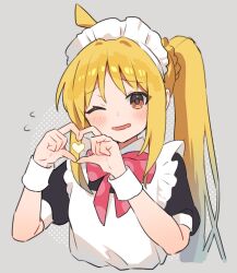Rule 34 | 1girl, ahoge, apron, black dress, blonde hair, blush, bocchi the rock!, bow, bowtie, collared dress, dress, enipa 28, finger heart, flying sweatdrops, grey background, hair between eyes, hands up, heart, highres, ijichi nijika, long hair, looking at viewer, maid, maid headdress, one eye closed, open mouth, pink bow, pink bowtie, polka dot, polka dot bow, polka dot bowtie, ponytail, puffy short sleeves, puffy sleeves, red eyes, short sleeves, side ponytail, sidelocks, simple background, smile, solo, upper body, white apron, wrist cuffs
