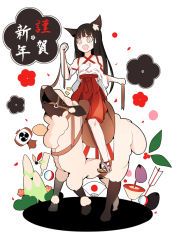 Rule 34 | 1girl, :d, animal ears, bad id, bad pixiv id, black hair, breasts, cat ears, cleavage, long hair, nontraditional miko, onasuba, open mouth, original, riding, sheep, small breasts, smile, sweatdrop, translation request