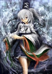 Rule 34 | 1girl, bad id, bad pixiv id, faux traditional media, gradient background, grey eyes, hat, highres, japanese clothes, long sleeves, looking at viewer, momen102 (sji09u), mononobe no futo, parted lips, ponytail, short hair, sidelocks, silver hair, solo, tate eboshi, touhou, wide sleeves