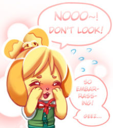 Rule 34 | 1girl, animal crossing, blush, dog girl, closed eyes, flying sweatdrops, furry, furry female, isabelle (animal crossing), lowres, neocoill, nintendo, open mouth, ribbon, solo, topknot, vest