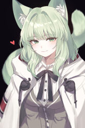 1girl animal_ear_fluff animal_ears arknights black_background black_bow black_bowtie blush bow bowtie brown_cardigan buttons cardigan cat_ears cat_girl cat_tail collared_shirt commentary_request green_eyes green_hair harmonie_(arknights) heart highres hood hooded_jacket hyeroin jacket jacket_on_shoulders looking_at_viewer open_clothes open_jacket revision shirt short_hair sidelocks simple_background smile solo tail upper_body white_jacket white_shirt