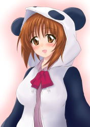 Rule 34 | 1girl, animal hood, bow, bowtie, brown eyes, brown hair, commentary, cosplay, drawstring, girls und panzer, hood, hood up, hooded jacket, inaka pan, jacket, long sleeves, looking at viewer, nijisanji, nishizumi miho, open clothes, open jacket, open mouth, panda hood, pink shirt, red bow, red bowtie, sasaki saku, sasaki saku (1st costume), sasaki saku (cosplay), shirt, short hair, smile, solo, upper body, virtual youtuber, white jacket
