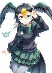 Rule 34 | 10s, 1girl, :d, absurdres, black hair, blonde hair, bow, bowtie, commentary request, frilled skirt, frills, fur collar, green bow, green eyes, green skirt, grey pantyhose, hair between eyes, hair ornament, hairclip, hand up, head wings, highres, japanese cormorant (kemono friends), japari symbol, kanzakietc, kemono friends, long sleeves, looking at viewer, multicolored hair, open mouth, pantyhose, simple background, skirt, smile, solo, white background, wings