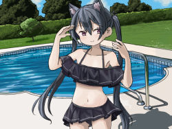Rule 34 | 1girl, animal ears, bikini, blue archive, cat ears, commentary, cowboy shot, english commentary, eyes visible through hair, frilled bikini, frills, grass, long hair, miniskirt, navel, pool, serika (blue archive), serika (swimsuit) (blue archive), sixten, skirt, smile, solo, swimsuit, tree, twintails, very long hair