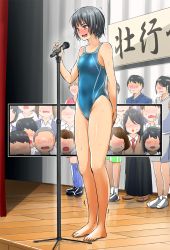 Rule 34 | 6+boys, 6+girls, barefoot, black eyes, black hair, blush, comic, competition swimsuit, embarrassed, guglielmo, hakama, hakama skirt, highres, indoors, japanese clothes, microphone, microphone stand, multiple boys, multiple girls, one-piece swimsuit, original, short hair, skirt, solo focus, sportswear, standing, sweat, swimsuit, trembling