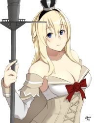 Rule 34 | 10s, 1girl, blonde hair, blue eyes, braid, breasts, cleavage, crown, dress, french braid, hairband, hayabusa, kantai collection, long hair, mini crown, off-shoulder dress, off shoulder, scepter, smile, solo, upper body, warspite (kancolle), white background, white dress
