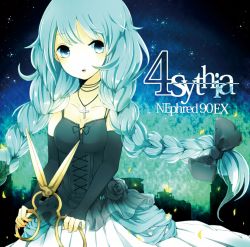 Rule 34 | 1girl, aqua eyes, aqua hair, bad id, bad pixiv id, braid, chizuru (ambient), copyright name, corset, cross, detached sleeves, hatsune miku, jewelry, long hair, necklace, open mouth, oversized object, scissors, skirt, solo, twin braids, very long hair, vocaloid