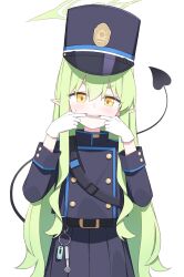 Rule 34 | 1girl, absurdres, belt, black belt, black hat, black jacket, black skirt, black tail, blue archive, blush, collared jacket, commentary, gloves, green hair, green halo, hair between eyes, halo, hat, high collar, highres, hikari (blue archive), jacket, long hair, long sleeves, looking at viewer, mouth pull, open mouth, peaked cap, pleated skirt, pointy ears, shasha (shasha159357), sidelocks, simple background, skirt, solo, sweatdrop, symbol-only commentary, tail, tail raised, teeth, very long hair, white background, white gloves, yellow eyes