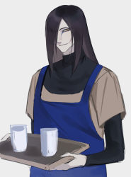 Rule 34 | 1boy, absurdres, alternate costume, apron, ayuyaki, black hair, blue apron, contemporary, cup, eyeliner, facial mark, hair over one eye, highres, holding, holding tray, long hair, looking at viewer, makeup, male focus, naruto (series), orochimaru (naruto), pale skin, slit pupils, smile, solo, tray, upper body, yellow eyes