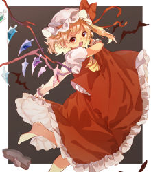 Rule 34 | 1girl, :d, arm up, ascot, barefoot, bat (animal), blonde hair, blush, border, bow, commentary request, crystal, fang, flandre scarlet, foot out of frame, grey background, hat, hat bow, highres, looking at viewer, mob cap, one side up, open mouth, outside border, petticoat, puffy short sleeves, puffy sleeves, red bow, red eyes, red skirt, red vest, shoes, short sleeves, simple background, skirt, smile, solo, standing, standing on one leg, tamiku (shisyamo609), touhou, unworn shoes, v-shaped eyebrows, vest, white border, white hat, wings, wrist cuffs, yellow ascot