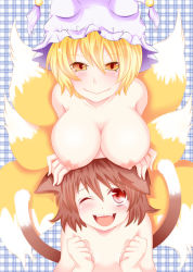 Rule 34 | 2girls, animal ears, blonde hair, breast rest, breasts, breasts on head, brown hair, cat ears, cat girl, cat tail, chen, fang, female focus, fox tail, gynoid (pixiv), hat, hoozuki shia, huge breasts, multiple girls, multiple tails, nipples, nude, one eye closed, red eyes, tail, touhou, wink, yakumo ran, yellow eyes