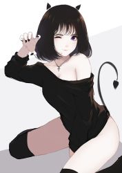 Rule 34 | 1girl, animal ears, arm up, between legs, black hair, black nails, black thighhighs, bottomless, breasts, caidychen, cat ears, cleavage, closed mouth, collarbone, cross, demon tail, highres, jewelry, looking at viewer, medium breasts, nail polish, naked shirt, necklace, no panties, off-shoulder shirt, off shoulder, one eye closed, original, paw pose, shirt, short hair, simple background, sitting, solo, tail, thighhighs, wariza, white background
