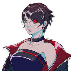 Rule 34 | 1girl, absurdres, alternate breast size, black collar, black hair, blurry, boruto: two blue vortex, breasts, chinese commentary, cleavage, collar, collarbone, commentary request, earrings, glasses, highres, jacket, jacket on shoulders, jewelry, large breasts, lipstick, looking at viewer, makeup, naruto (series), red eyes, short hair, solo, strapless, tube top, twitter username, uchiha sarada, uchiwaflame