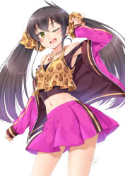 Rule 34 | 1girl, ;d, arm up, armpits, black hair, black tank top, blush, breasts, camisole, contrapposto, from below, glint, green eyes, hair ribbon, heart, heart necklace, idolmaster, idolmaster cinderella girls, jacket, jewelry, long hair, long sleeves, looking at viewer, looking down, matoba risa, medium skirt, miniskirt, miri (ago550421), navel, necklace, one eye closed, open clothes, open jacket, open mouth, pendant, pink jacket, pink skirt, ribbon, sign, single vertical stripe, skirt, sleeves past wrists, small breasts, smile, solo, standing, stomach, strap slip, tank top, thighs, twintails, unzipped, very long hair