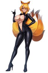 Rule 34 | 1girl, animal ears, areola slip, biker clothes, bikesuit, black bodysuit, black footwear, blonde hair, bodysuit, boots, breasts, commentary request, drill hair, drill sidelocks, fox ears, fox tail, full body, high heel boots, high heels, highres, large breasts, latex, latex bodysuit, multiple tails, navel, nipple slip, nipples, parted lips, sidelocks, simple background, skin tight, smile, solo, standing, stiletto heels, stomach, tachi-e, tail, touhou, unzipped, volyz, white background, yakumo ran, yellow tail